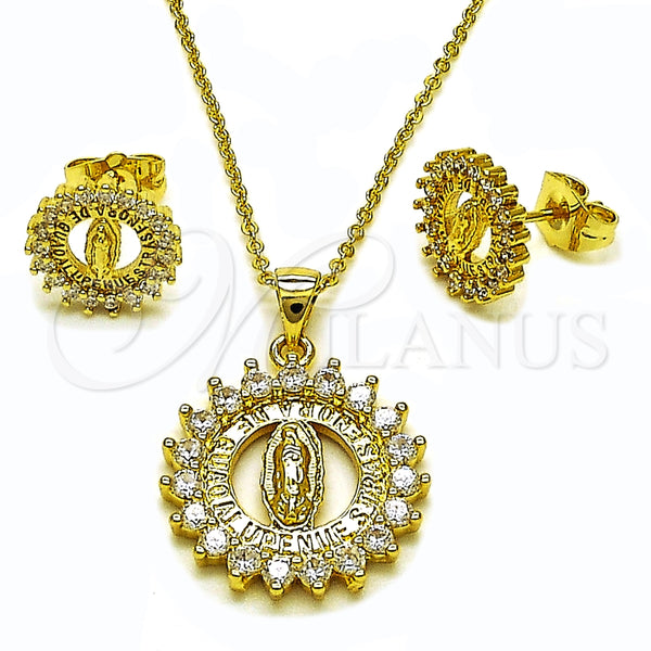 Juego de Arete y Dije de Adulto 10.156.0543 Oro Laminado, Diseño de Guadalupe, con Blanca Zirconia Cubica, Pulido, Tono Dorado
