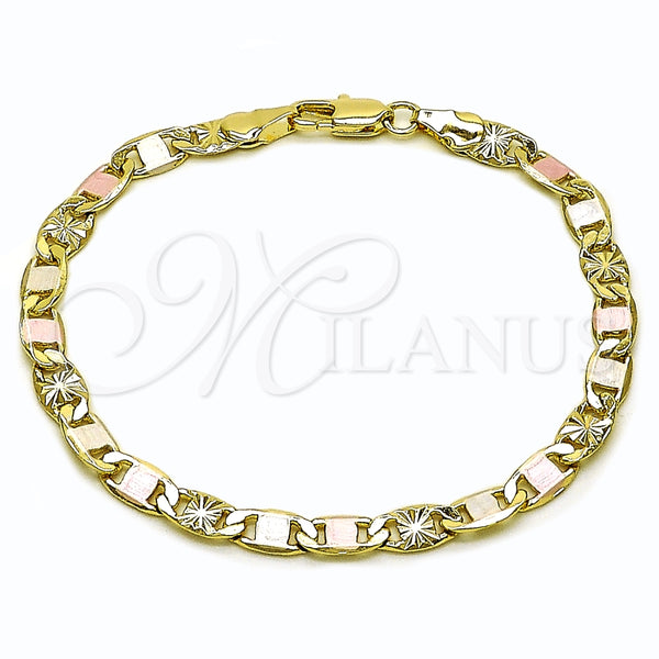 Pulsera Básica 03.213.0352.08 Oro Laminado, Diseño de Mariner, Diamantado, Tres Tonos (Grosor 05.3 MM, 8 Pulgadas de Largo)