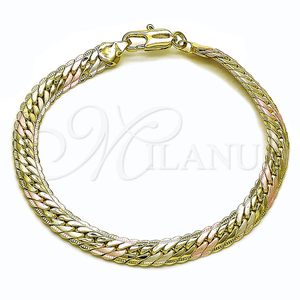 Pulsera Básica 03.213.0355.07 Oro Laminado, Diseño de Cubana, Pulido, Tres Tonos (Grosor 06.5 MM, 8 Pulgadas de Largo)