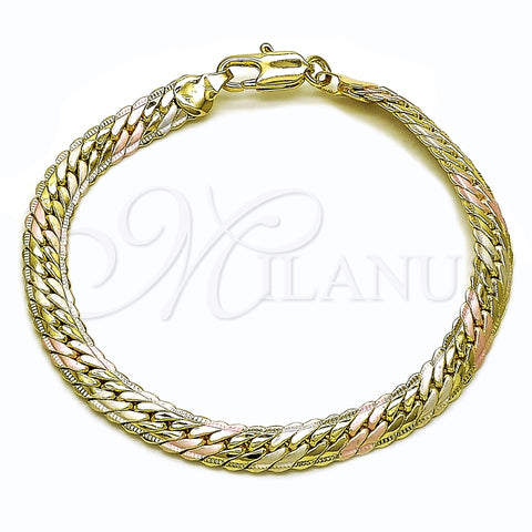 Pulsera Básica 03.213.0355.07 Oro Laminado, Diseño de Cubana, Pulido, Tres Tonos (Grosor 06.5 MM, 8 Pulgadas de Largo)