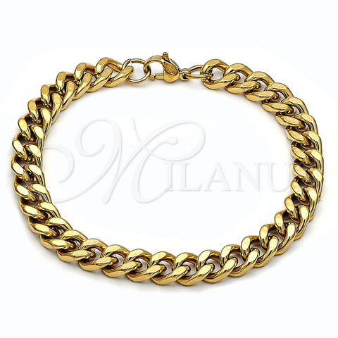 Pulsera Básica 03.435.0002.09 Acero Inoxidable, Diseño de Miami Cubana, Pulido, Tono Dorado (08 MM Thickness, 9 Inches Length)