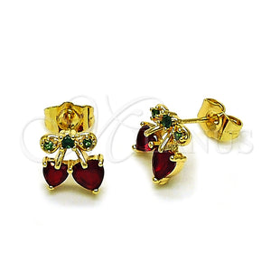Arete Dormilona 02.283.0280 Oro Laminado, Diseño de Cereza y Corazón, con Granate and Verde Zirconia Cubica, Pulido, Tono Dorado