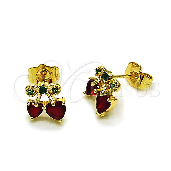 Arete Dormilona 02.283.0280 Oro Laminado, Diseño de Cereza y Corazón, con Granate and Verde Zirconia Cubica, Pulido, Tono Dorado