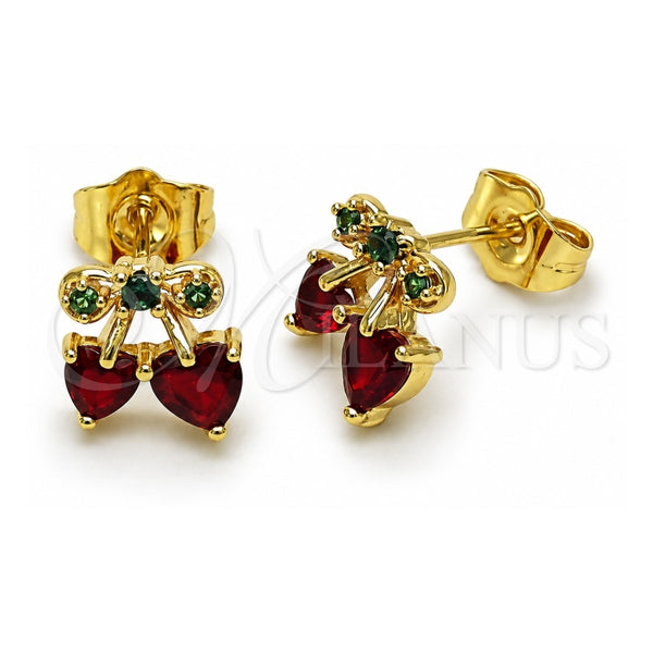 Arete Dormilona 02.283.0280 Oro Laminado, Diseño de Cereza y Corazón, con Granate and Verde Zirconia Cubica, Pulido, Tono Dorado
