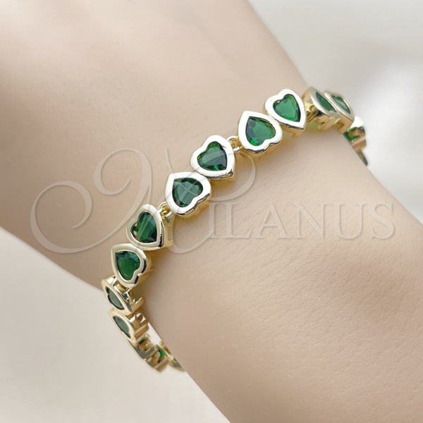 Pulsera Tennis 03.284.0058.2.07 Oro Laminado, Diseño de Corazón, con Verde Zirconia Cubica, Pulido, Tono Dorado (08 MM Thickness, 7 Inches Length)