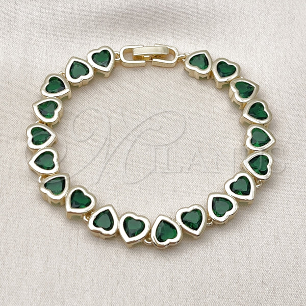 Pulsera Tennis 03.284.0058.2.07 Oro Laminado, Diseño de Corazón, con Verde Zirconia Cubica, Pulido, Tono Dorado (08 MM Thickness, 7 Inches Length)