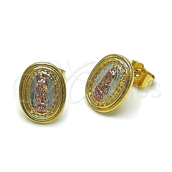 Arete Dormilona 02.196.0216 Oro Laminado, Diseño de Guadalupe, Pulido, Tres Tonos