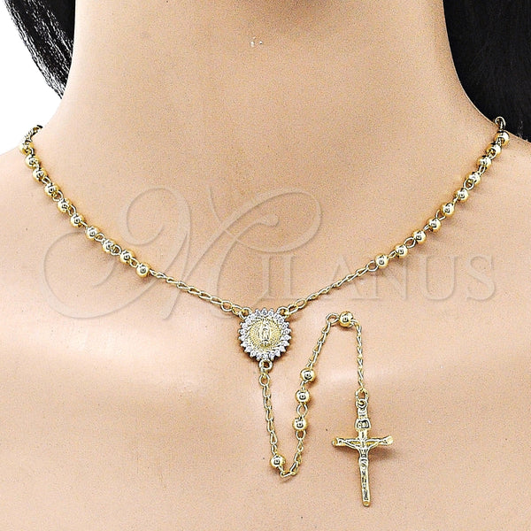 Rosario Fino 09.213.0061.24 Oro Laminado, Diseño de Guadalupe y Crucifijo, con Blanca Zirconia Cubica, Pulido, Tono Dorado