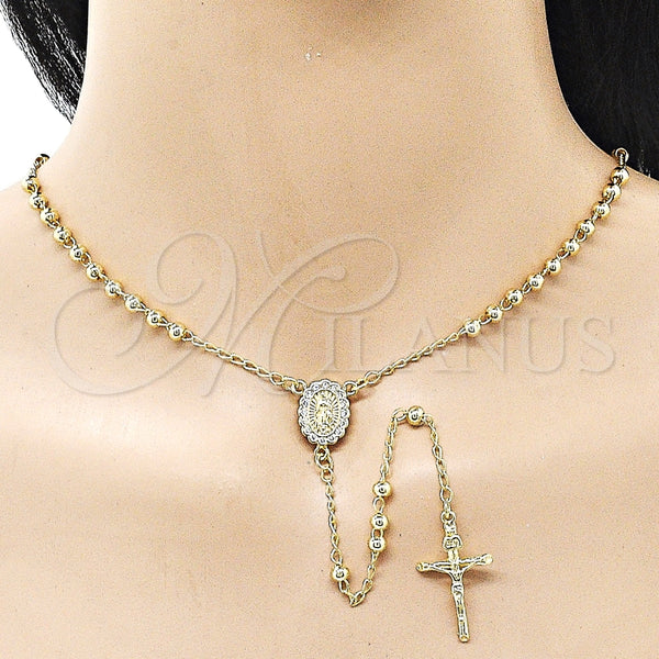 Rosario Fino 09.213.0062.24 Oro Laminado, Diseño de Guadalupe y Crucifijo, con Blanca Zirconia Cubica, Pulido, Tono Dorado
