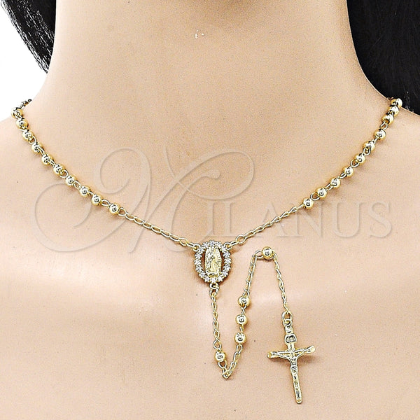 Rosario Fino 09.213.0063.24 Oro Laminado, Diseño de Guadalupe y Crucifijo, con Blanca Zirconia Cubica, Pulido, Tono Dorado