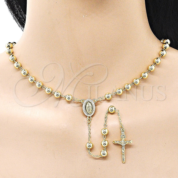 Rosario Mediano 09.213.0064.24 Oro Laminado, Diseño de Guadalupe y Crucifijo, con Blanca Zirconia Cubica, Pulido, Tono Dorado