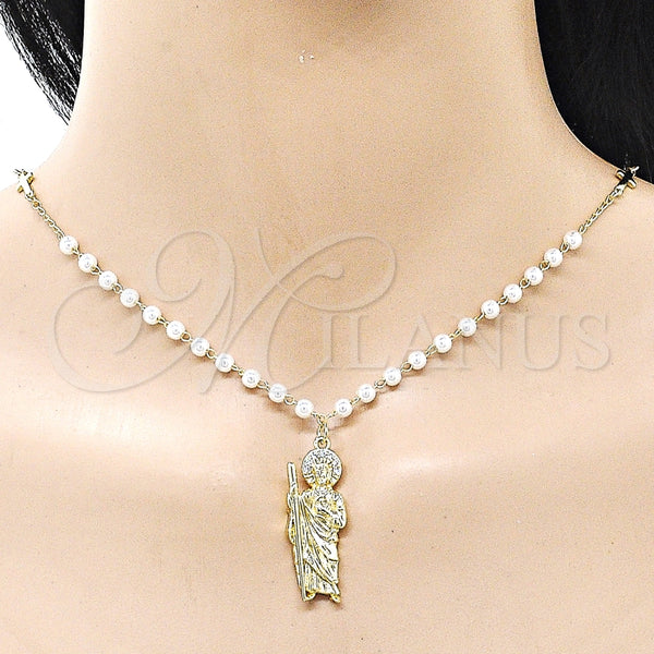 Collares con Dije 04.213.0349.24 Oro Laminado, Diseño de San Judas y Cruz, con Marfil Perla, Pulido, Tono Dorado (04 MM Thickness, 24 Inches Length)