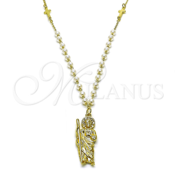 Collares con Dije 04.213.0349.24 Oro Laminado, Diseño de San Judas y Cruz, con Marfil Perla, Pulido, Tono Dorado (04 MM Thickness, 24 Inches Length)