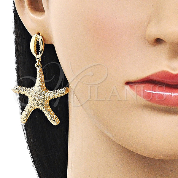 Arete Colgante 02.163.0390 Oro Laminado, Diseño de Concha y Estrella, Diamantado, Tono Dorado