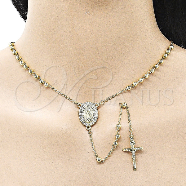 Rosario Fino 09.213.0068.24 Oro Laminado, Diseño de Guadalupe y Bola, con Zirconia Cubica Blanca, Pulido, Tono Dorado