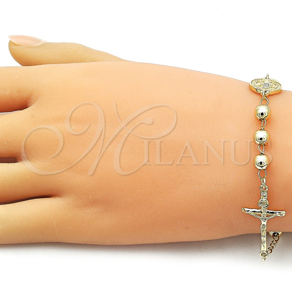 Pulsera Elegante 03.213.0362.08 Oro Laminado, Diseño de San Benito y Crucifijo, Pulido, Tono Dorado (Grosor 06 MM, 9 Pulgadas de Largo)