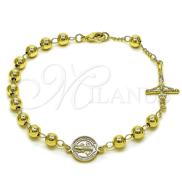 Pulsera Elegante 03.213.0362.08 Oro Laminado, Diseño de San Benito y Crucifijo, Pulido, Tono Dorado (Grosor 06 MM, 9 Pulgadas de Largo)