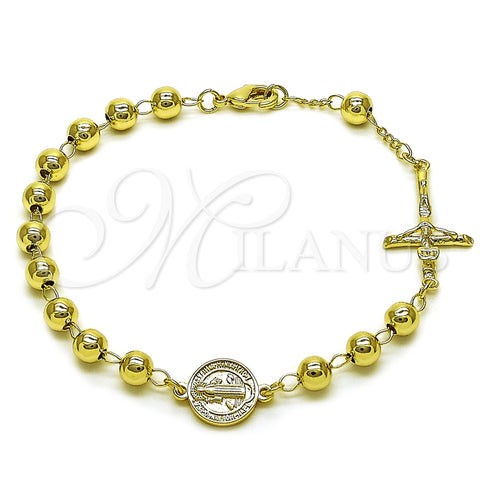 Pulsera Elegante 03.213.0362.08 Oro Laminado, Diseño de San Benito y Crucifijo, Pulido, Tono Dorado (Grosor 06 MM, 9 Pulgadas de Largo)