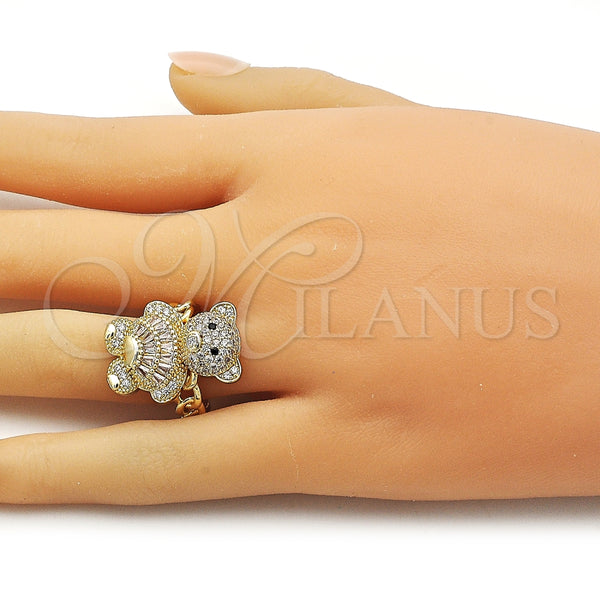 Anillo Multi Piedra 01.284.0108 Oro Laminado, Diseño de Osito y Baguette, con Blanca Zirconia Cubica and Blanca Micro Pave, Pulido, Tono Dorado (One size fits all)