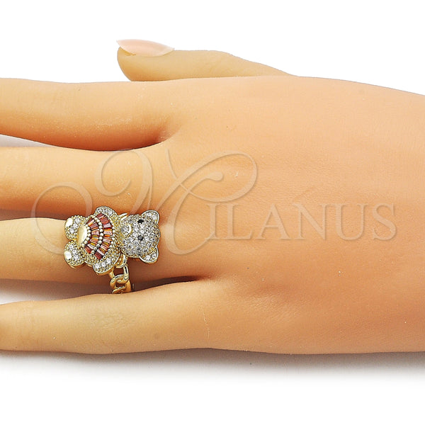 Anillo Multi Piedra 01.284.0108.1 Oro Laminado, Diseño de Osito y Baguette, con Granate Zirconia Cubica and Blanca Micro Pave, Pulido, Tono Dorado (One size fits all)
