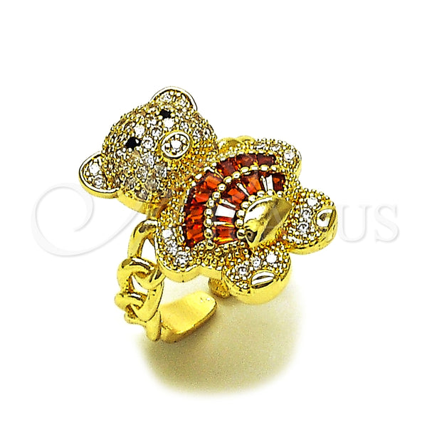Anillo Multi Piedra 01.284.0108.1 Oro Laminado, Diseño de Osito y Baguette, con Granate Zirconia Cubica and Blanca Micro Pave, Pulido, Tono Dorado (One size fits all)