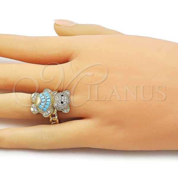 Anillo Multi Piedra 01.284.0108.2 Oro Laminado, Diseño de Osito y Baguette, con Turquoise Zirconia Cubica and Blanca Micro Pave, Pulido, Tono Dorado (One size fits all)