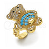 Anillo Multi Piedra 01.284.0108.2 Oro Laminado, Diseño de Osito y Baguette, con Zirconia Cubica Turquoise y Micro Pave Blanca, Pulido, Tono Dorado (Talla Unica)
