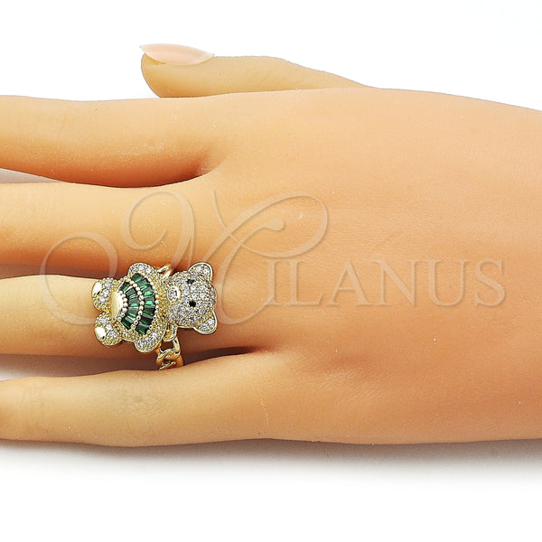Anillo Multi Piedra 01.284.0108.3 Oro Laminado, Diseño de Osito y Baguette, con Verde Zirconia Cubica and Blanca Micro Pave, Pulido, Tono Dorado (One size fits all)