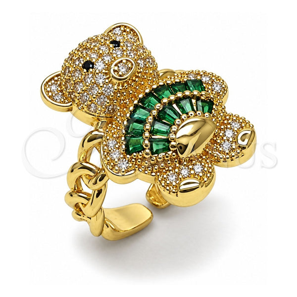 Anillo Multi Piedra 01.284.0108.3 Oro Laminado, Diseño de Osito y Baguette, con Zirconia Cubica Verde y Micro Pave Blanca, Pulido, Tono Dorado (Talla Unica)