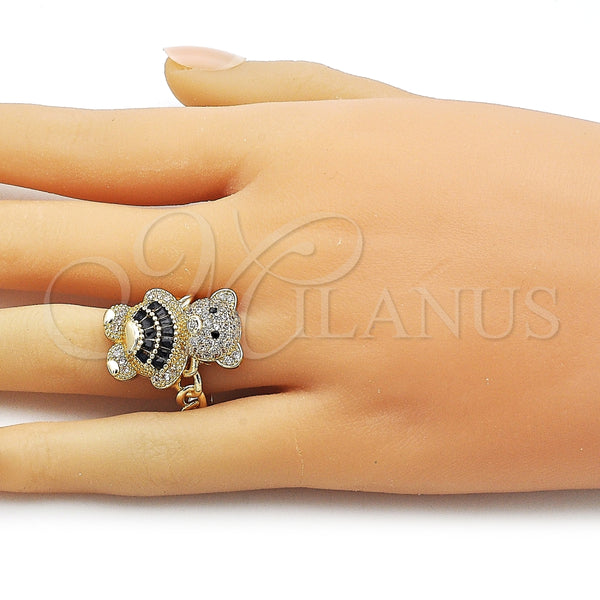 Anillo Multi Piedra 01.284.0108.4 Oro Laminado, Diseño de Osito y Baguette, con Negro Zirconia Cubica and Blanca Micro Pave, Pulido, Tono Dorado (One size fits all)