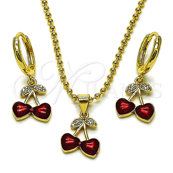 Juego de Arete y Dije de Adulto 10.282.0005 Oro Laminado, Diseño de Cereza, con Blanca Micro Pave, Esmaltado Rojo, Tono Dorado
