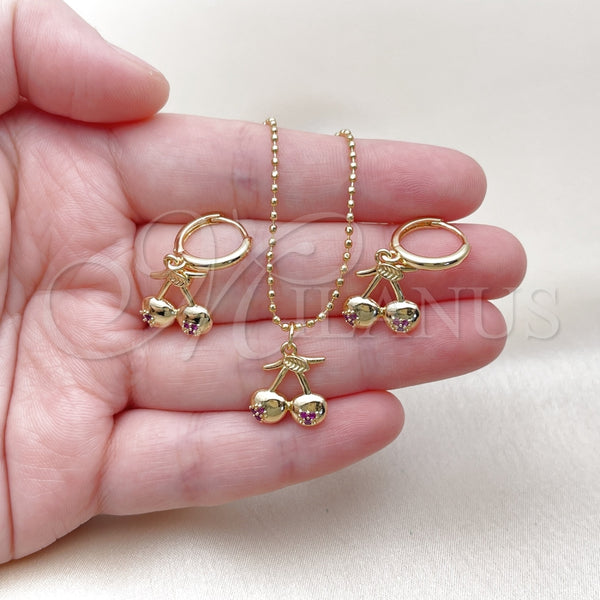Juego de Arete y Dije de Adulto 10.282.0006 Oro Laminado, Diseño de Cereza, con Rubi Micro Pave, Pulido, Tono Dorado