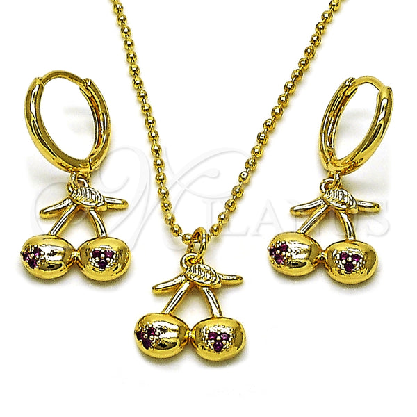 Juego de Arete y Dije de Adulto 10.282.0006 Oro Laminado, Diseño de Cereza, con Rubi Micro Pave, Pulido, Tono Dorado