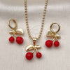 Juego de Arete y Dije de Adulto 10.282.0007 Oro Laminado, Diseño de Cereza, con Granate Perla, Pulido, Tono Dorado