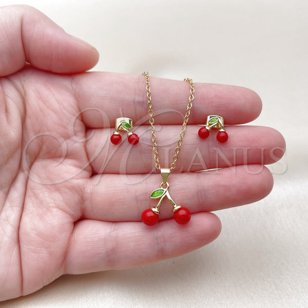 Juego de Arete y Dije de Adulto 10.282.0008 Oro Laminado, Diseño de Cereza, con Granate Perla, Pulido, Tono Dorado