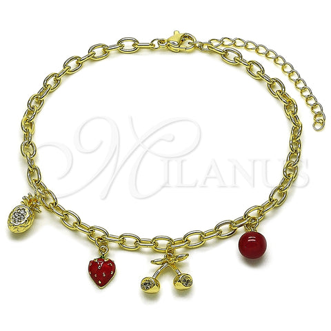 Tobillera de Dije 03.213.0364.10 Oro Laminado, Diseño de Rolo y Pina, con Blanca Micro Pave and Granate Perla, Esmaltado Rojo, Tono Dorado (04 MM Thickness, 10 Inches Length)