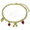 Tobillera de Dije 03.213.0364.10 Oro Laminado, Diseño de Rolo y Pina, con Blanca Micro Pave and Granate Perla, Esmaltado Rojo, Tono Dorado (04 MM Thickness, 10 Inches Length)