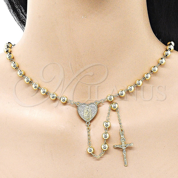 Rosario Mediano 09.213.0069.24 Oro Laminado, Diseño de Guadalupe y Crucifijo, con Blanca Micro Pave, Pulido, Tono Dorado