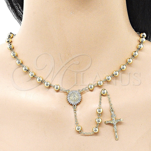 Rosario Mediano 09.213.0071.24 Oro Laminado, Diseño de Guadalupe y Crucifijo, con Blanca Zirconia Cubica, Pulido, Tono Dorado