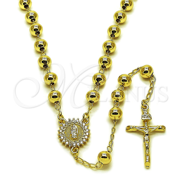 Rosario Mediano 09.213.0071.24 Oro Laminado, Diseño de Guadalupe y Crucifijo, con Blanca Zirconia Cubica, Pulido, Tono Dorado