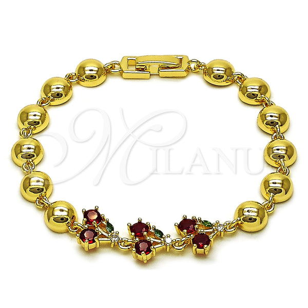 Pulsera Elegante 03.283.0475.07 Oro Laminado, Diseño de Cereza y Bola, con Granate and Verde Zirconia Cubica, Pulido, Tono Dorado (Thickness, 7 Inches Length)