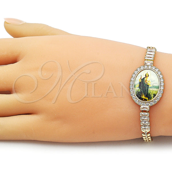 Pulsera Elegante 03.283.0477.07 Oro Laminado, Diseño de San Judas y Baguette, con Blanca Zirconia Cubica, Pulido, Tono Dorado (21 MM Thickness, 7 Inches Length)