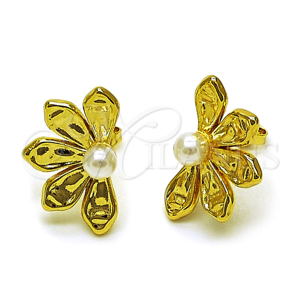 Arete Dormilona 02.341.0248 Oro Laminado, Diseño de Flor y Bola, con Marfil Perla, Pulido, Tono Dorado