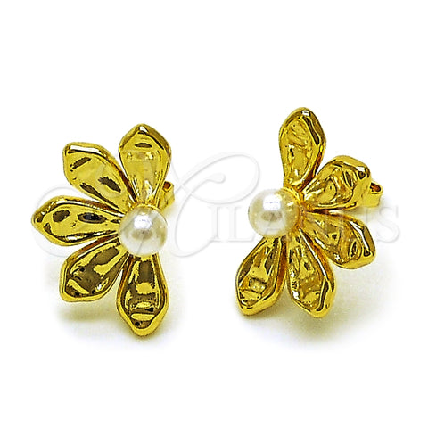 Arete Dormilona 02.341.0248 Oro Laminado, Diseño de Flor y Bola, con Marfil Perla, Pulido, Tono Dorado