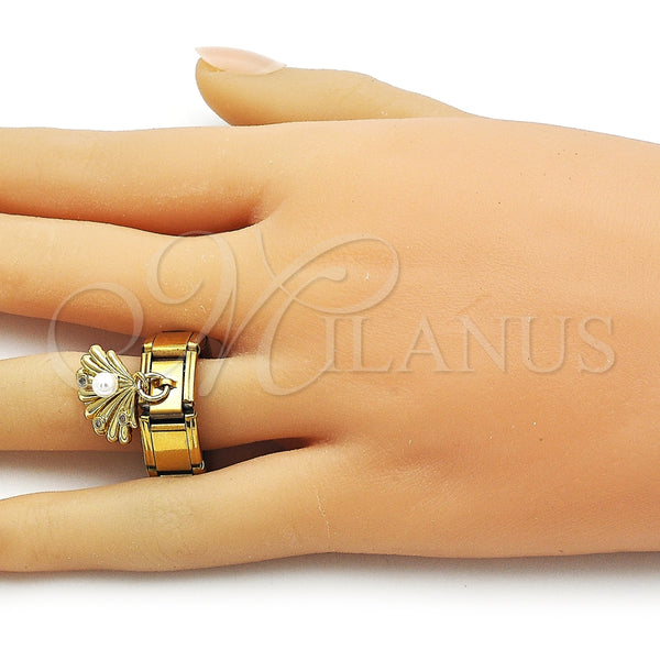Anillo Multi Piedra 01.341.0163 Acero Inoxidable, Diseño de Concha, con Blanca Zirconia Cubica and Marfil Perla, Pulido, Tono Dorado (One size fits all)