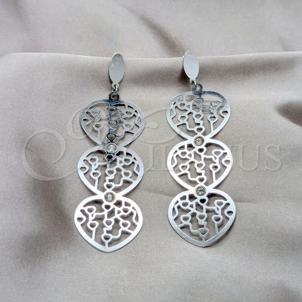 Arete Largo 02.63.2784 Acero Inoxidable, Diseño de Corazón, con Blanca Cristal, Pulido, Tono Plateado