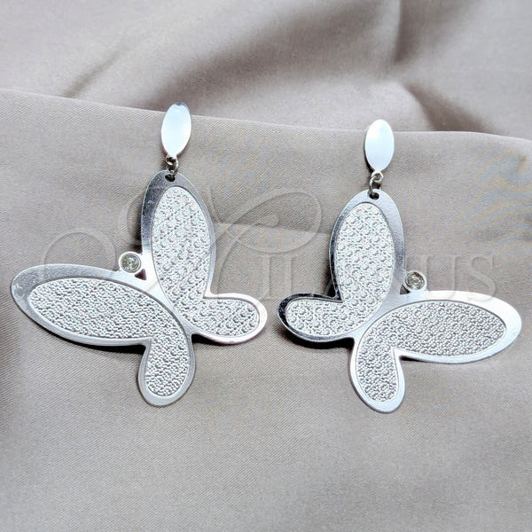 Arete Largo 02.63.2790 Acero Inoxidable, Diseño de Mariposa, con Blanca Cristal, Pulido, Tono Plateado