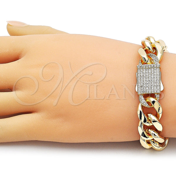 Pulsera Elegante 03.156.0043.08 Oro Laminado, Diseño de Miami Cubana, con Blanca Zirconia Cubica, Pulido, Tono Dorado (15 MM Thickness, 8 Inches Length)