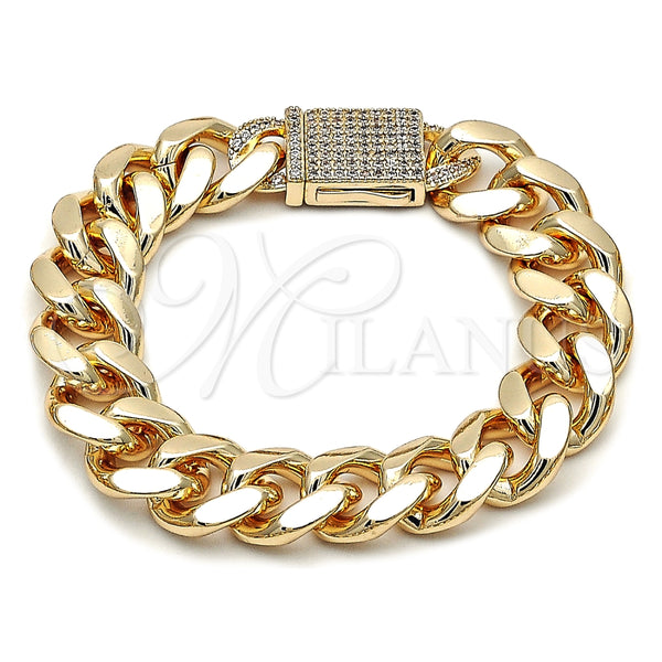 Pulsera Elegante 03.156.0043.08 Oro Laminado, Diseño de Miami Cubana, con Blanca Zirconia Cubica, Pulido, Tono Dorado (15 MM Thickness, 8 Inches Length)