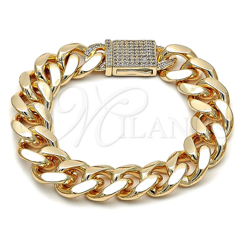 Pulsera Elegante 03.156.0043.08 Oro Laminado, Diseño de Miami Cubana, con Blanca Zirconia Cubica, Pulido, Tono Dorado (15 MM Thickness, 8 Inches Length)